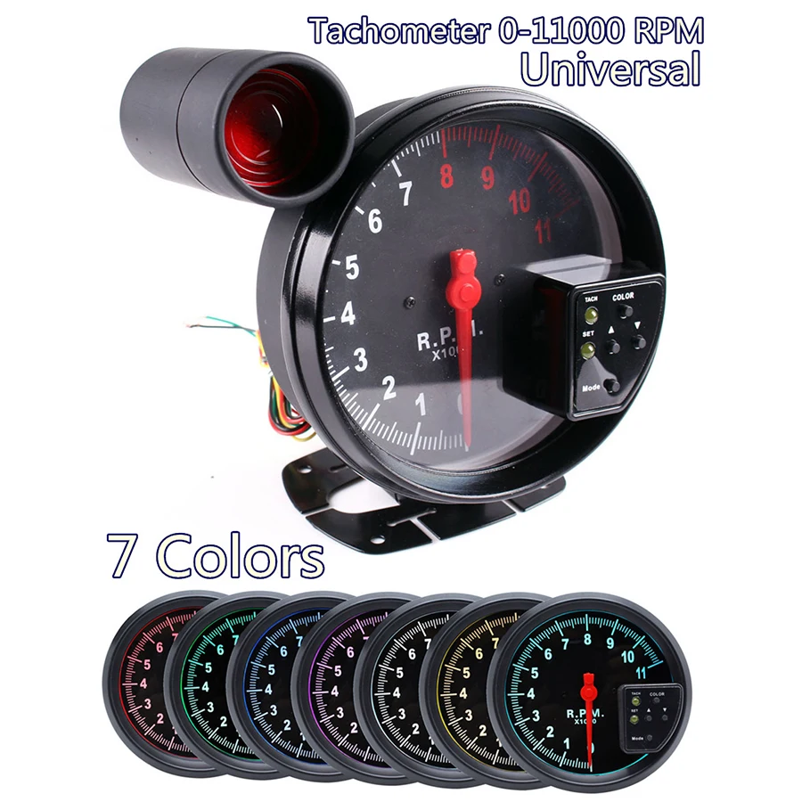 

5 Inch Car RPM 11000K Tachometer Gauge 7 color backlight rpm LED Shift Light 12V For 4 / 6 / 8 cylinder engine vehicles