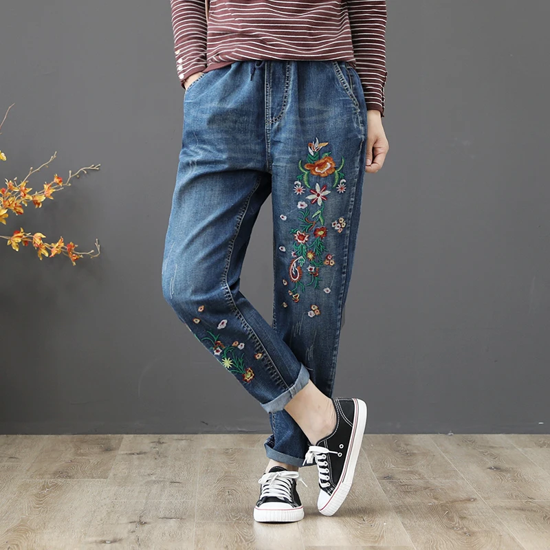 

Spring Summer Jeans Women Blue High Waist Loose Floral Embroidery Denim Jeans Female Harem Pants Boyfriend Jeans For Women