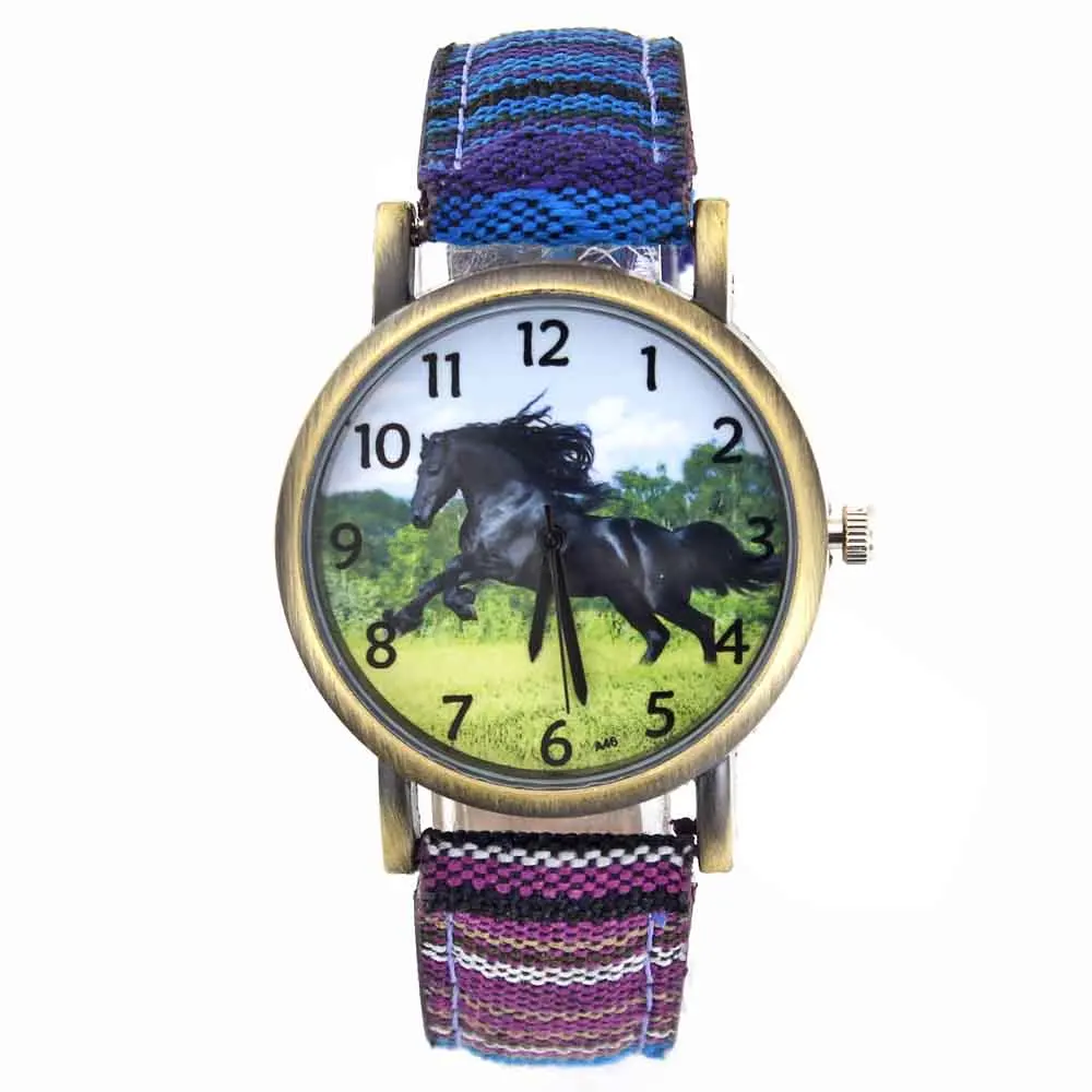 Horse Racing Steed Black Horses Fashion Casual Men Women Jewelry Canvas Cloth Strap Sport Analog Quartz Watch