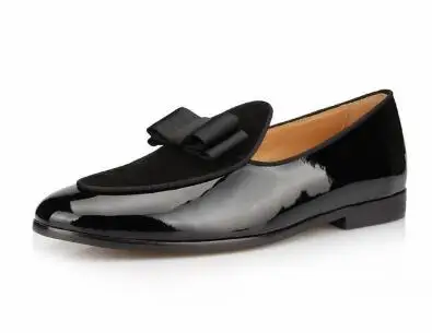 Hot Sale Black Suede Loafers Fashion Patent leather Men Bow Tie Moccasins Man Flats Wedding Men\'s Dress Shoes Casual Shoes