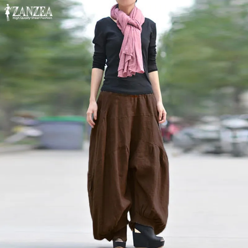 Cargo Pants Women ZANZEA Kaftan Wide Leg Tousers Cotton Linen Pantalon Palazzo Female Elastic Waist Drop Crotch Pants