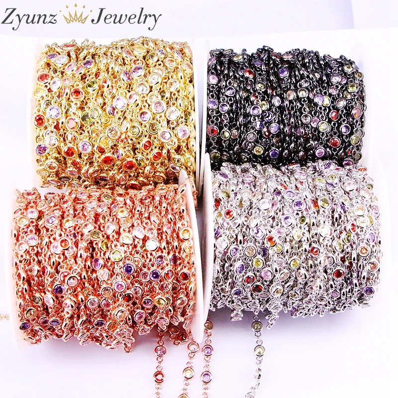 3 Meters ZYZ334-8189 Cubic Zirconia Connectors Link Chain, Bezel Setting CZ Cut round 5mm/6mm colorful CZ stones, Accessories