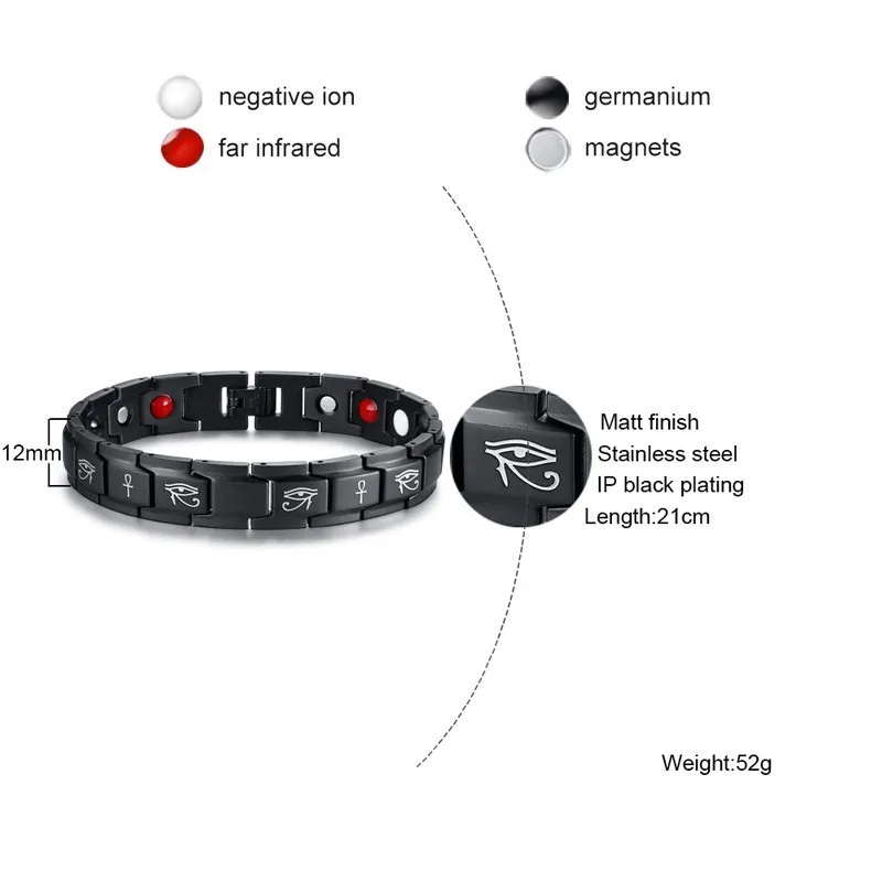 Vnox Vintage Eye of Horus Ankh Cross Energy Bracelets for Men Healthy Black Stainless Steel Therapy pulseira masculina