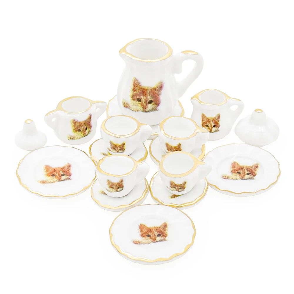 Odoria 1:12 Miniature 15PCS Porcelain Tea Cup Set Cat Pattern Teapot Teaware Kitchen Dollhouse Accessories Doll House Decoration