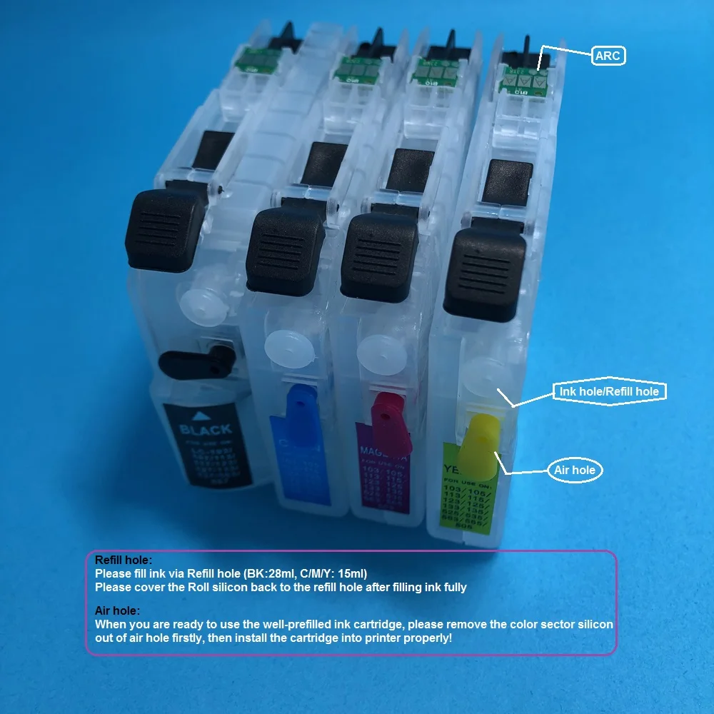 4Colors Empty Refillable Ink Cartridge with ARC for LC567 LC565 for Brother MFC-J2310 MFC-J2510 MFC-J3520 MFC-J3720 Printer