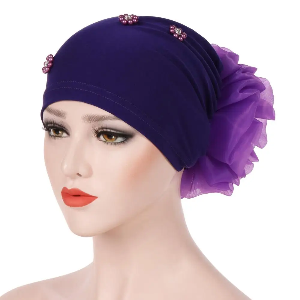 New Women Hair Loss Cap Beanie Skullies Flower Pearls Muslim Cancer Chemo Cap Islamic Indian Hat Cover Head Scarf Fashion Bonnet