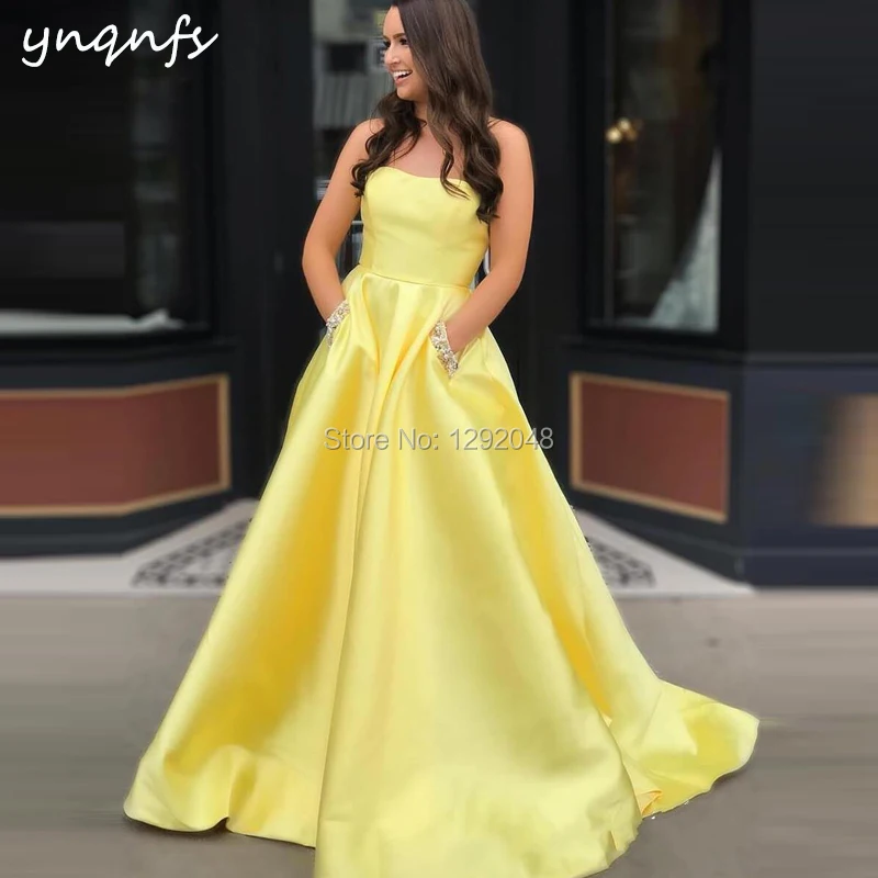 YNQNinelasticity-Robe longue en satin jaune sans bretelles avec poches en cristal, robes de Rhélégantes, robes d'occasion formelle, P33, 2024