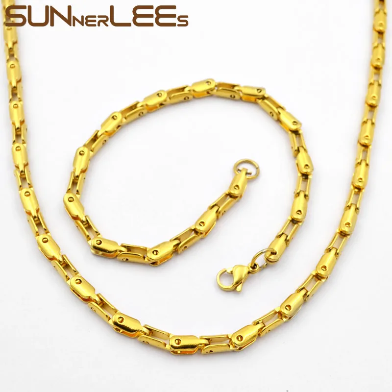 SUNNERLEES Fashion Jewelry Stainless Steel Necklace Bracelet Set 4mm Geometric Link Chain Gold Color For Men Women SC95 S