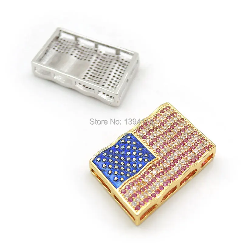 47*22*5mm Micro Pave Red&Clear CZ Enamelling USA Flag Rhomboid Flat Beads Fit For Making DIY Bracelets Or Necklaces Jewelry