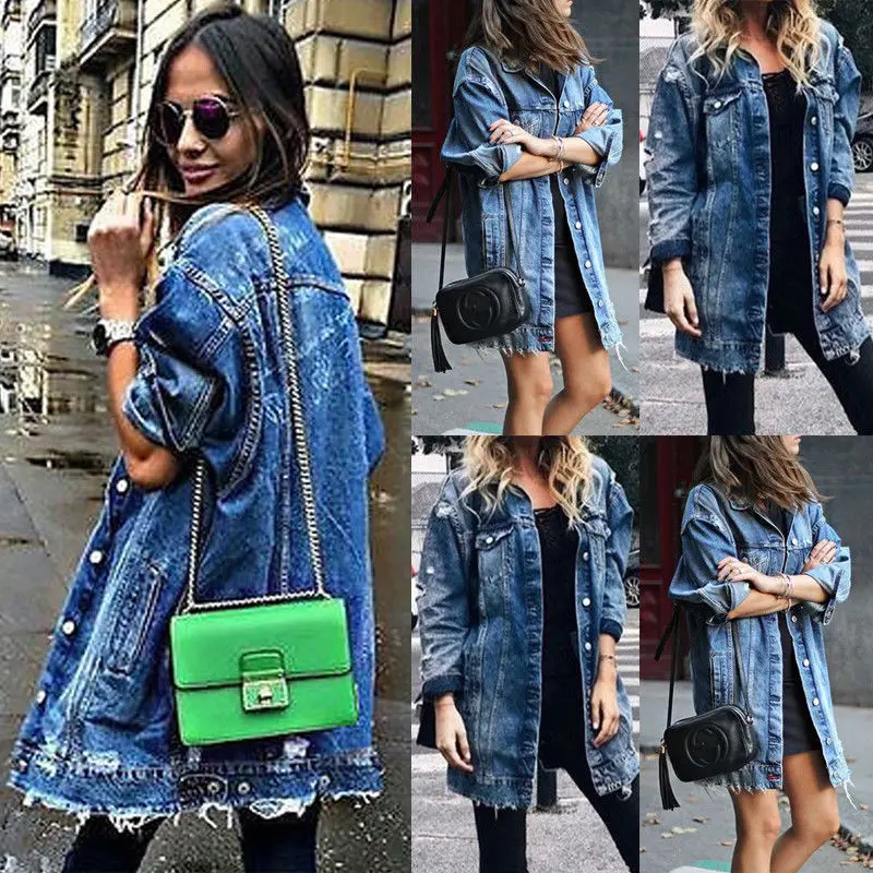 2021 New Women's Basic Coat Holes Baggy Denim Jacket Ladies Long Sleeve Loose Street Style Outwear Fashion Jackets