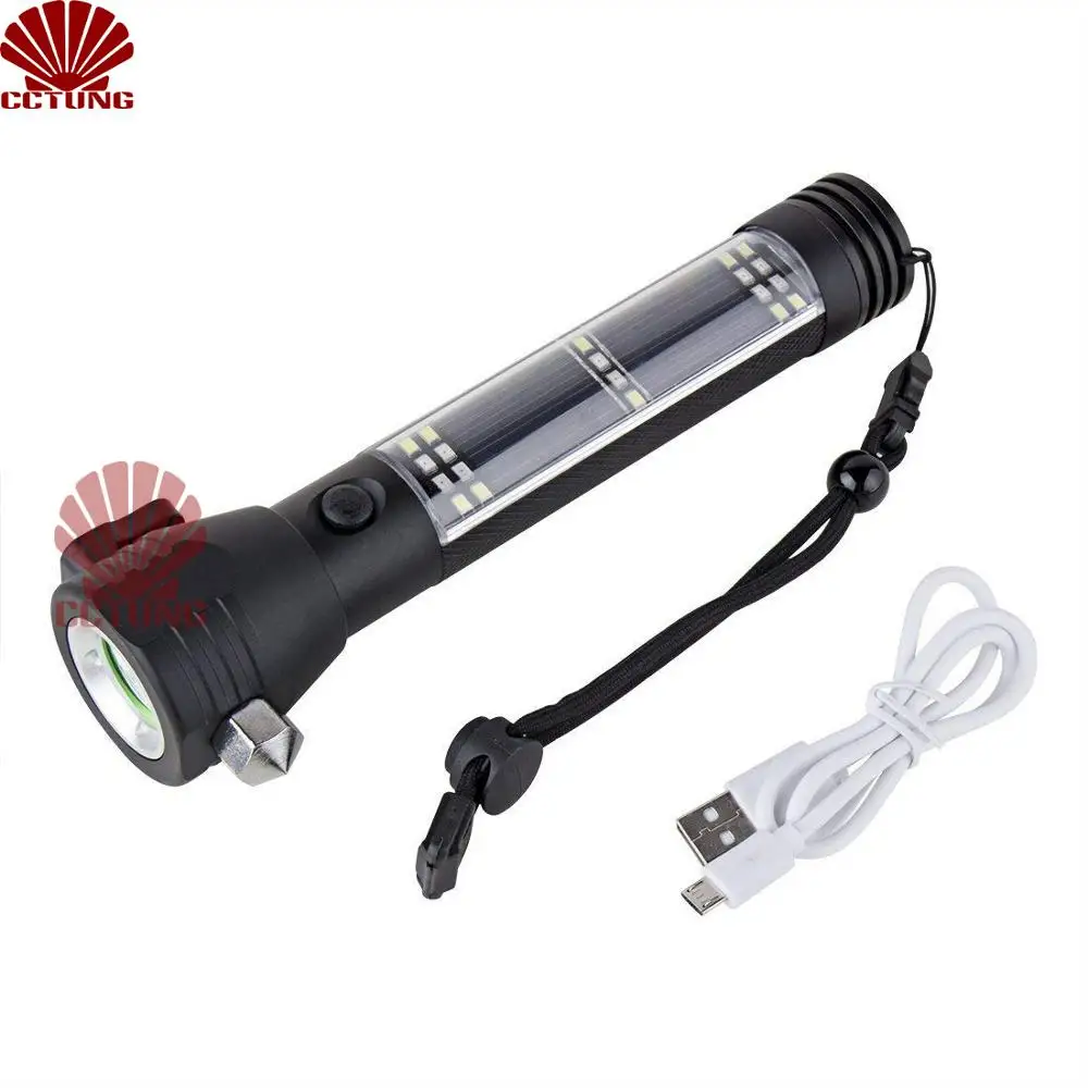 

Solar Power USB Rechargeable LED Flashlight with Outdoor Emergency Hammer Safe-belt Cutter Compass Aid & Warning Sign Power Bank