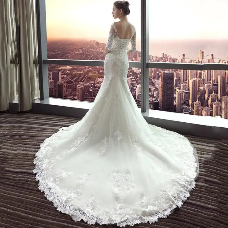 VENSANAC Illusion Pearls Scoop Neck Mermaid Lace Appliques Wedding Dresses Half Sleeve Court Train Backless Bridal Gowns