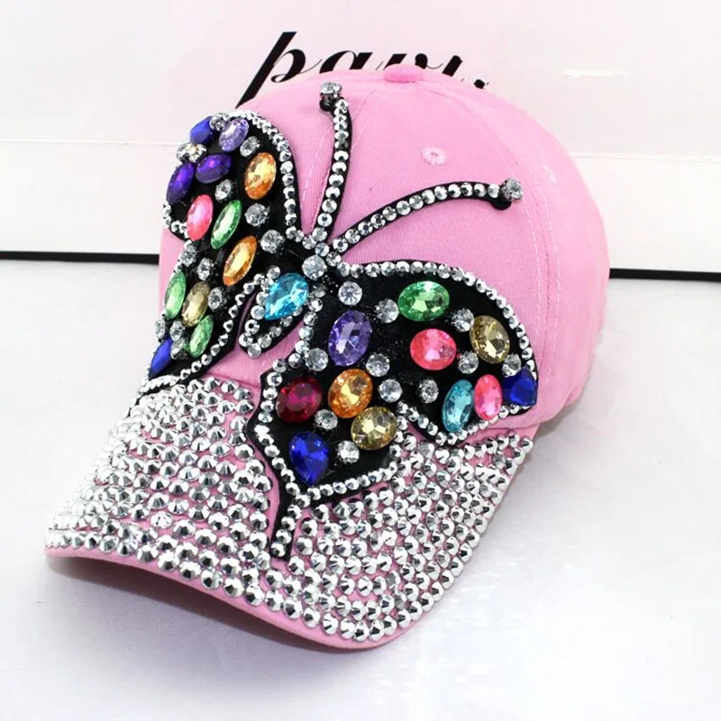 2019 Fall Baseball Cap Women Full Crystal Colorful Big Butterfly Hat Denim Bling Rhinestone Snapback Caps Casquette Summer Hats