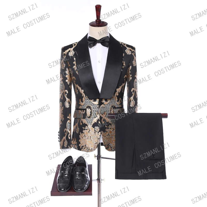 

Costume Homme Mariage 2019 Terno Fashion Formal Tuxedo Black Gold Jacquard Embroidery Men Suit Groom Suits Wedding Suits For Men