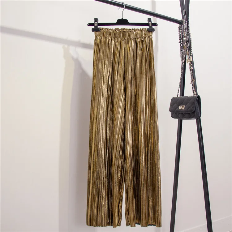 New Fashion Summer Women's Metal High-waisted Pleated Wide Leg Trousers Retro Golden Silver Shiny Casual Long Pants