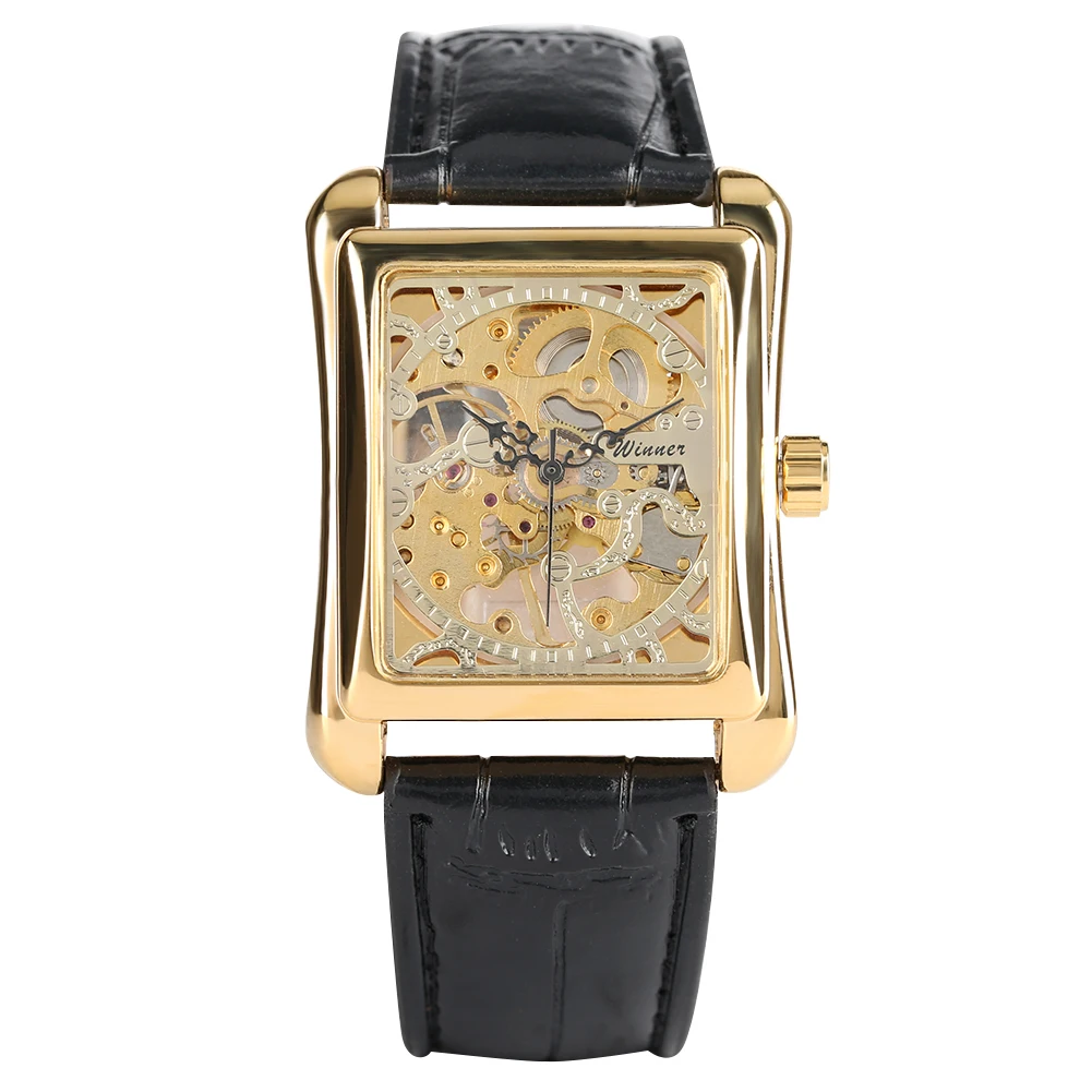 Men\'s Mechanical Watches With Hand-Wind Rectangle Gold Case Leather Strap Wristwatch Skeleton Watch