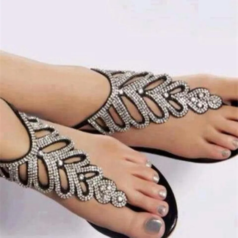 Sexy Ladies Bling Bling Crystal Heart Thong Toe Sandals Fashion Leafs Shape Rhinestone Flat T-Strap Beach Sandalias