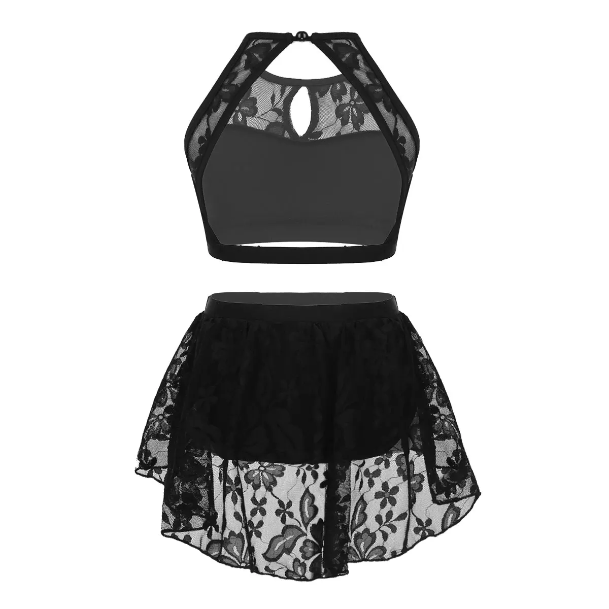 Kids Girls Lace Splice Ballet Tutu Dance Wear Halter Crop Top Shorts Skirt Set Stage Moden Contemporary Lyrical Dance Costumes