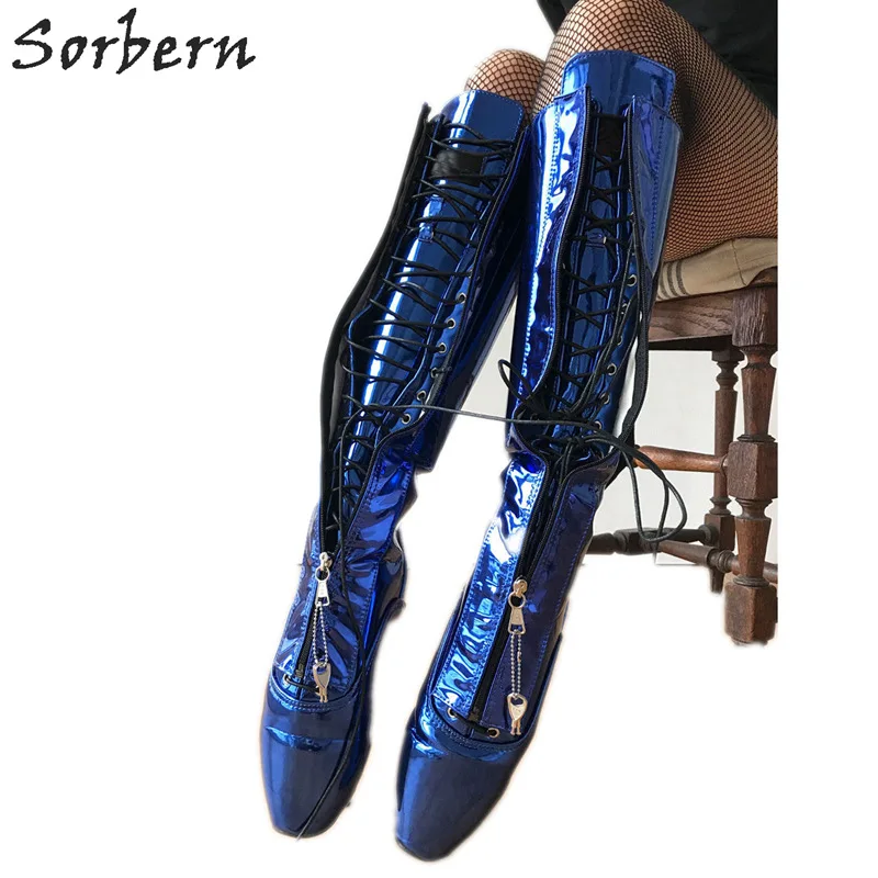 

Sorbern Blue Metallic Knee High Boots Women Lockable Zipper Front Ballet Stilettos Heels 18Cm Woman Heel Custom Leg Size