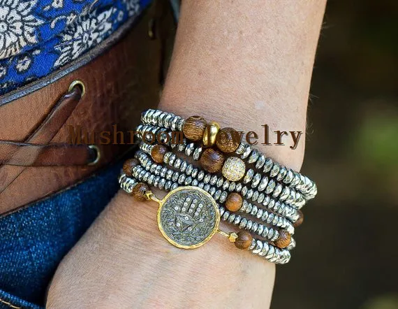 Silver Plated Roundel Hematite Pave Zircon Beads Wood Strand Bracelet