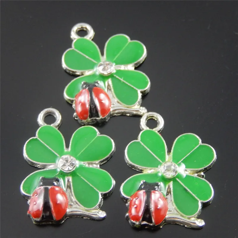 10PCS Lovely Clover Ladybug Enamel Alloy Pendant Charms Bracelet Earrings Jewelry Making Finding 18*16*3mm AU37058