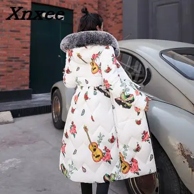 Winter Vrouwen Lange Jas Jas Toevallige Slanke Lange Mouw Bontkraag Parka Vrouwelijke Warme Jas Verdikte Twee Side Wear Print bovenkleding