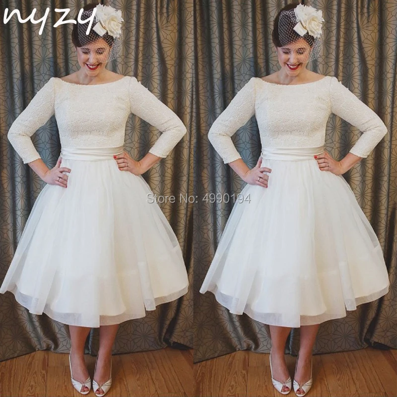 

NYZY W3 Simple Short Wedding Dress 2019 Vintage 50s 60s 3/4 Sleeves Lace Organza Tea Length Wedding Gown robe de mariee