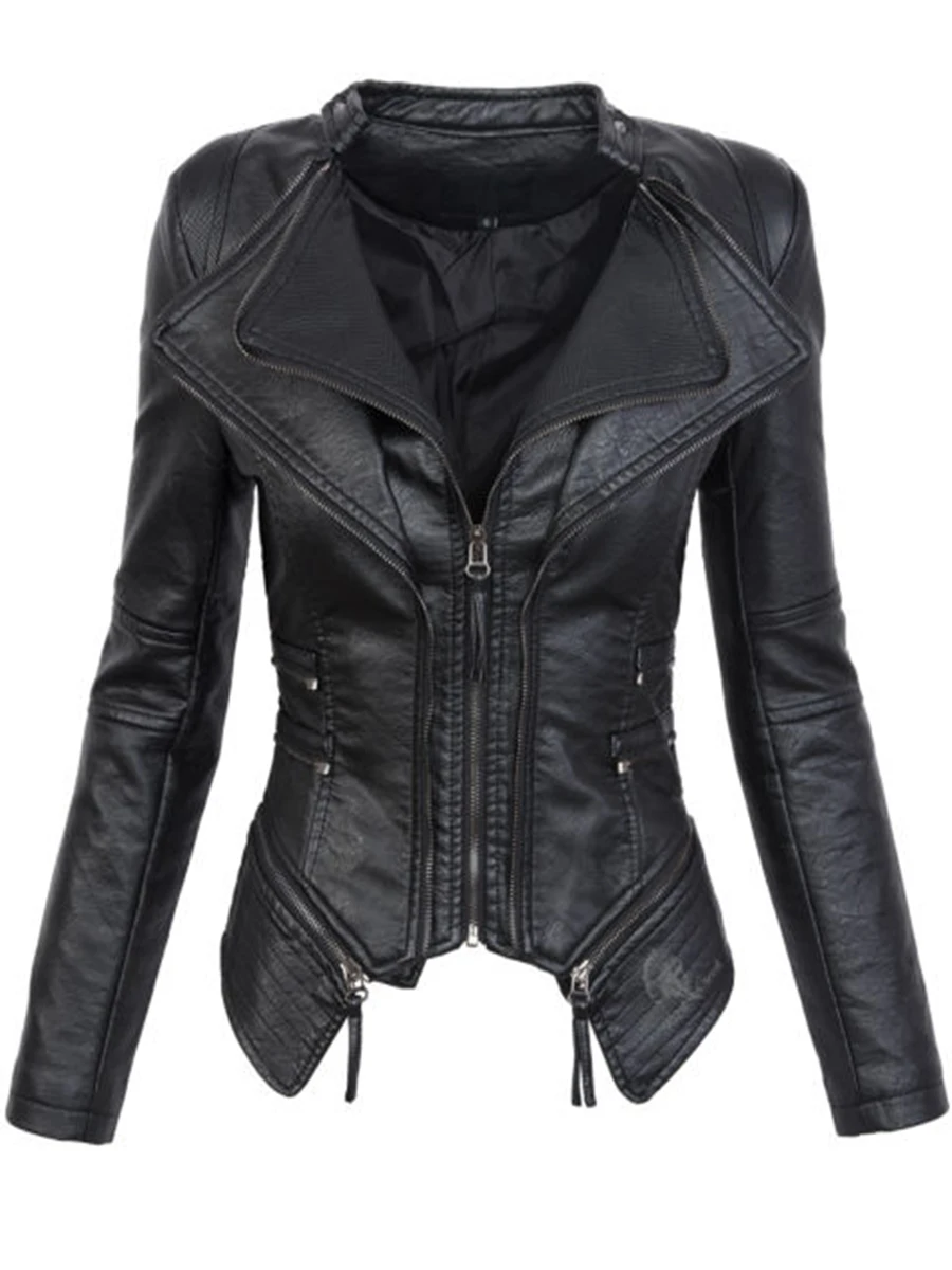 Gothic faux leather PU Jacket Women Winter Autumn Fashion Motorcycle Jacket Black faux leather coats Outerwear Coat HOT