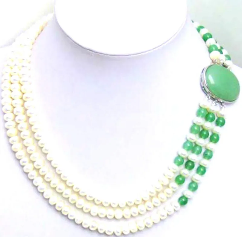 Qingmos White Natural Freshwater Pearl Neckalce for Women with Green Jades & 6mm Flat Round 3 Strands Pearl Chokers 17