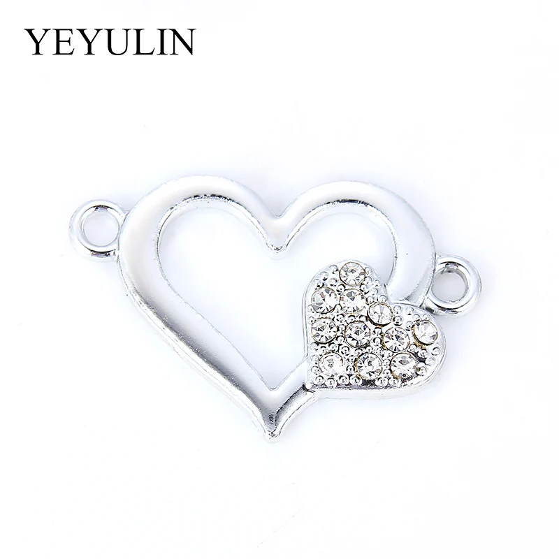 10 Pcs Silver Plated Color Love Heart Shape Alloy Connects For Making Necklace Bracelets Gift  Fashion Crystal Jewelry Findings