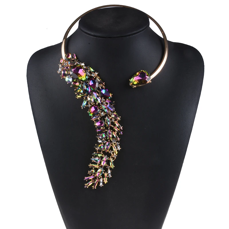 New Women Charm Jewelry Crystal Collar Necklace Colorful Stones Statement Necklace Long Layered Choker Women Necklaces Pendants