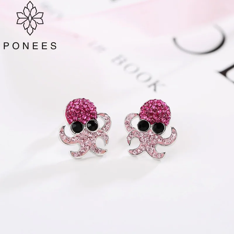 PONEES New Arrival Rhodium Cute Crystal Octopus Stud Earrings For Women Sea Animal Nice Fine Jewelry Fishing Octopus For Kids