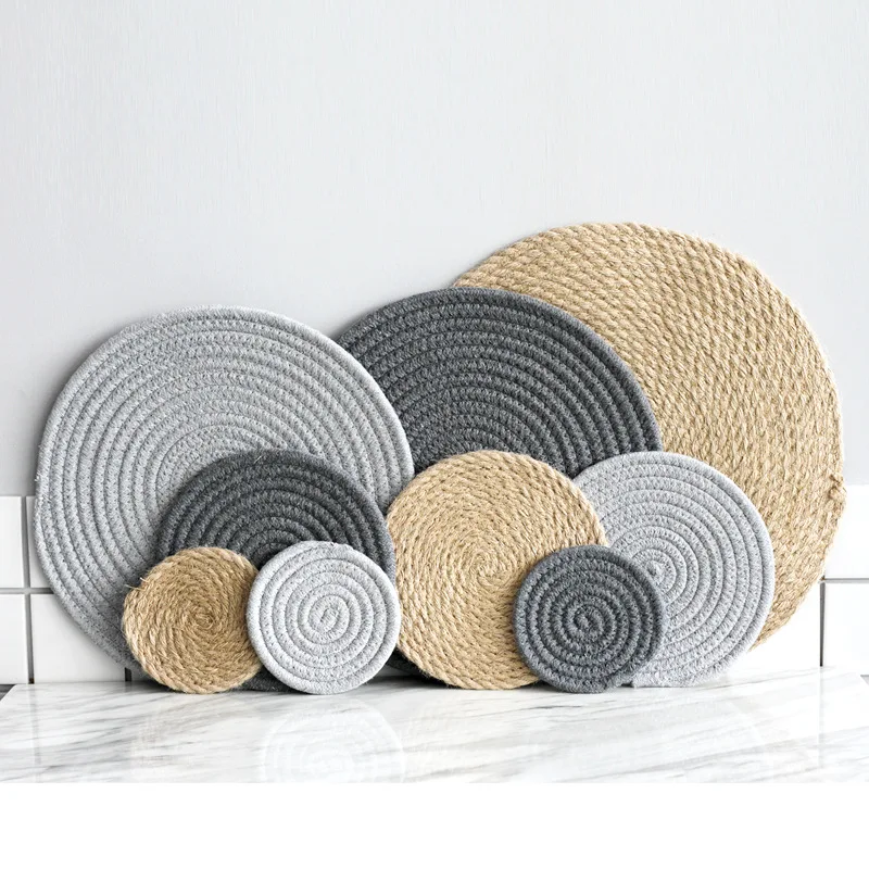 

Placemat Pad Coasters Kitchen Table Mats Cotton Linen Knitting Bowl Mats Padding Mat Insulation Pad Round Placemats Hand-made