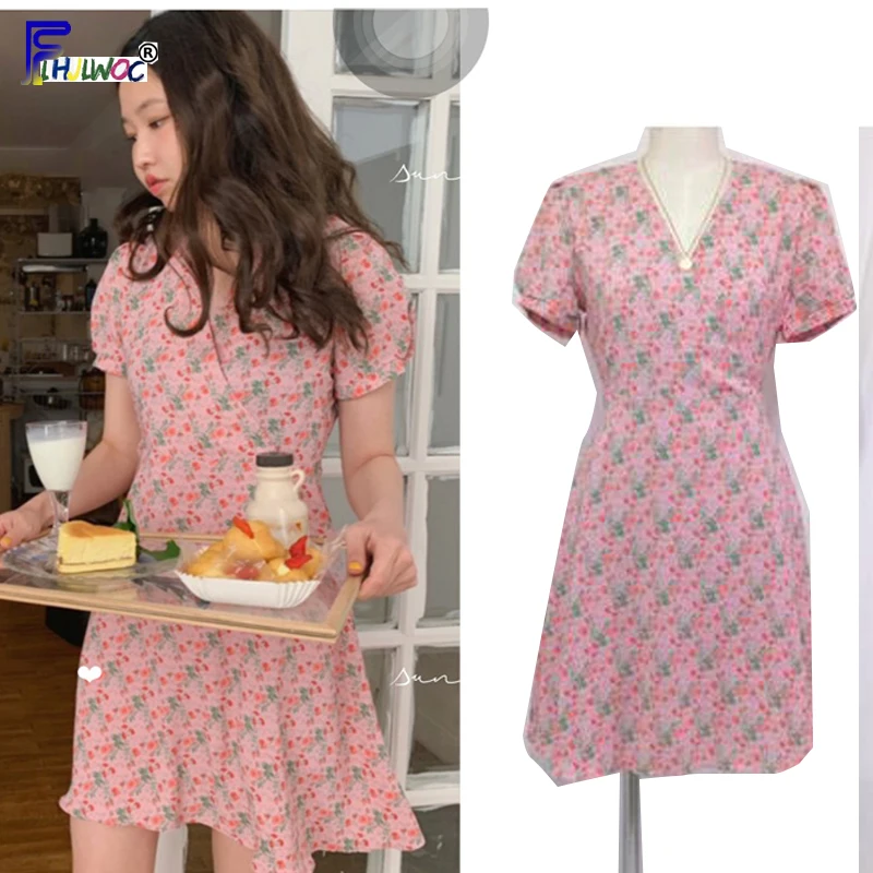 A Line Dresses Summer Women Korean Japan Preppy Style Clothes Girls Lady V Neck Pink Navy Blue Floral Print Vintage Dress