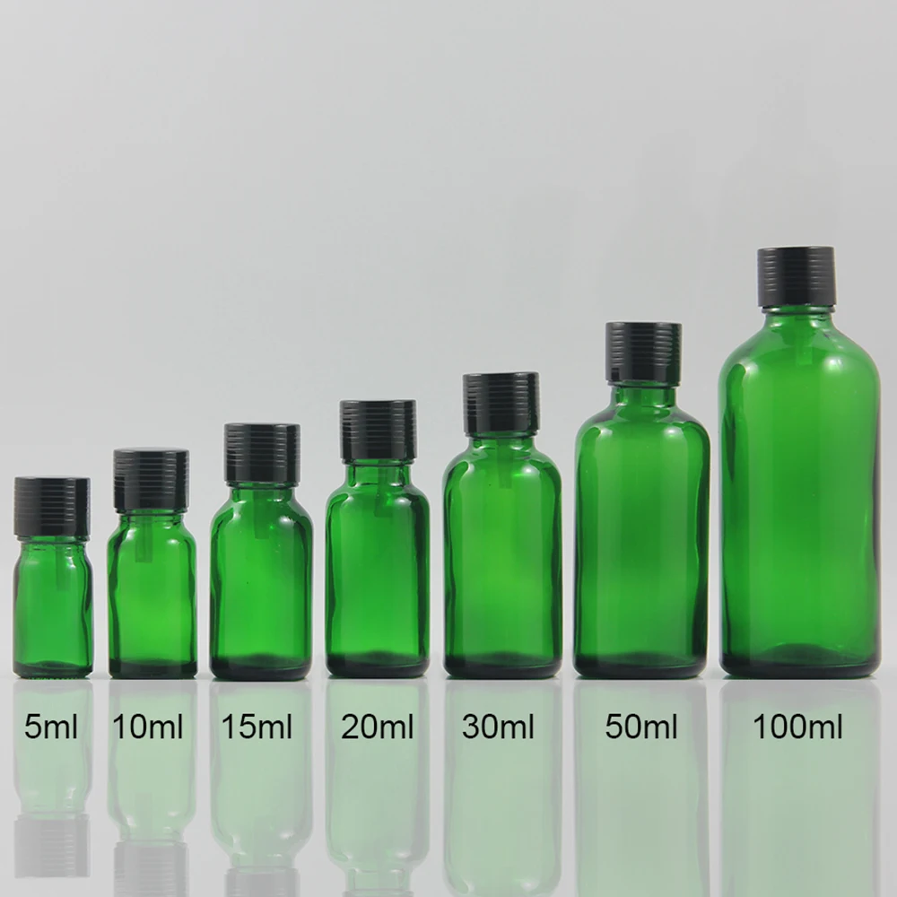 

100pcs empty green 5ml mini Essential Oil glass dropper bottle with black aluminum lid and stopper travel glass vials