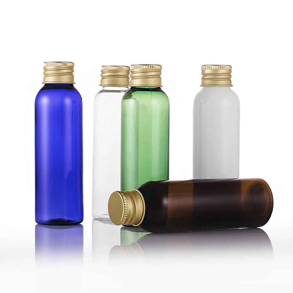 

100pcs round shape 60ml green white clear amber blue cosmetic toner plastic bottle with golden aluminum cover