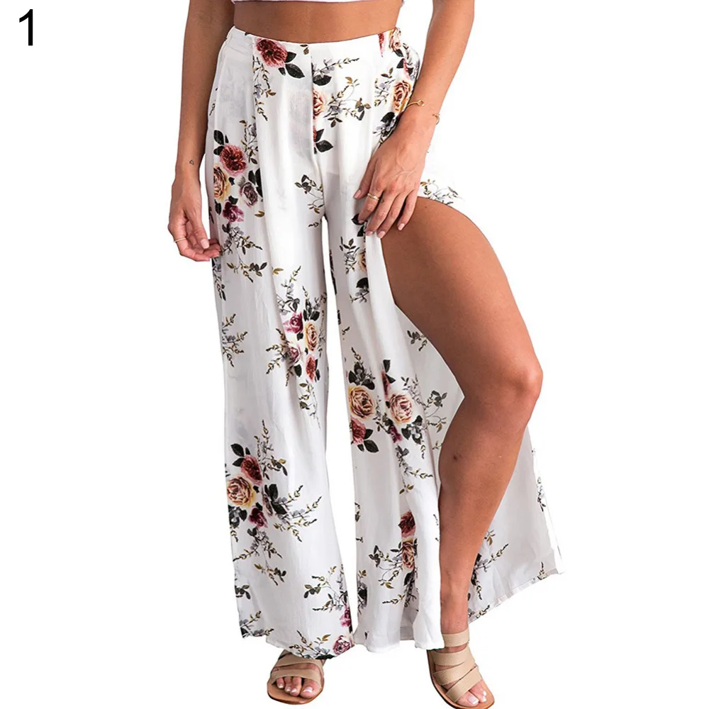 

Summer Female elegant beach Culottes maxi skirt High Waist Floral Print Wide Leg Loose Pants Split Trousers
