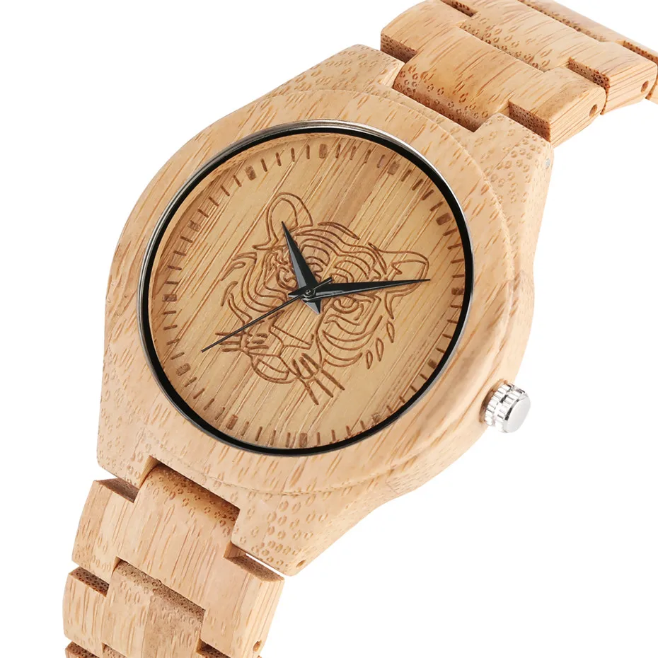 Full Wooden Quartz Timepiece Engraved Tiger Head Wood Mens Watch Unique Natural Bamboo Bangle Wristwatch Top Gift for Male reloj