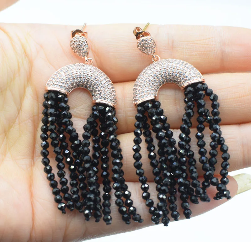 

one pair black spinel round faceted 3mm zircon hook tassel pearls earrings FPPJ wholesale beads