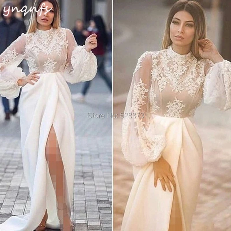 

YNQNFS M78 Vestidos de Gala Jurken Abiye Long Sleeve Sexy High Slit Off White Mother of the Bride Formal Dress Women Elegant