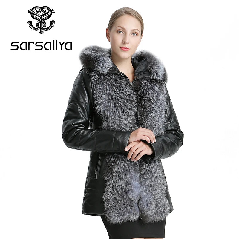 SARSALLYA Women Leather Jacket Coat Winter Warm Overcoat Natural Fox Fur Coat Detachable Jacket Real Fur Female Casual Women