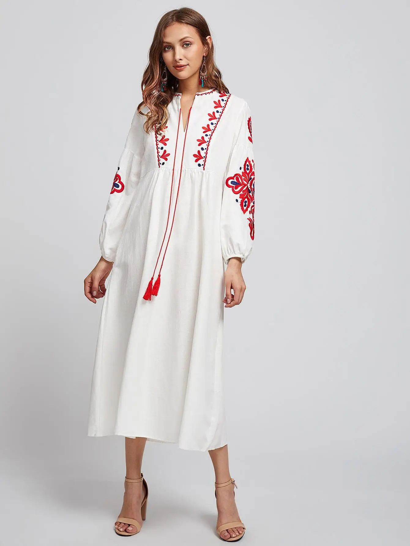 Spring Summer Autumn White Embroidered Long Dress For Women Elegant O-Neck Puff Sleeve High Waist Elegant Party Robe New Fashion