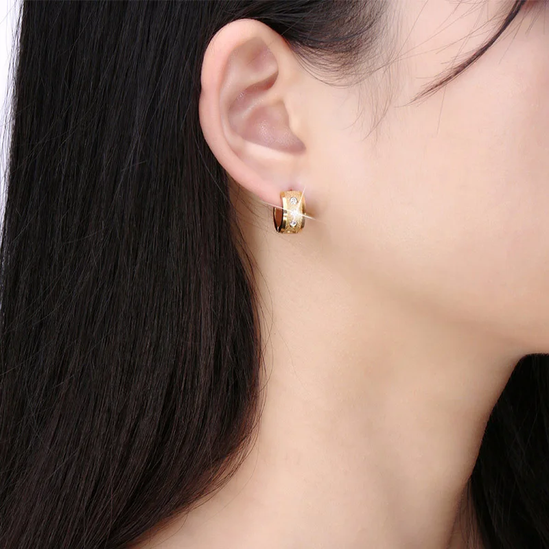 Unisex Jewelry Anti-Allergic Stainless Steel Buckle Earrings Tide Inlaid Crystal Single/Double Color Women Ear Jewelry