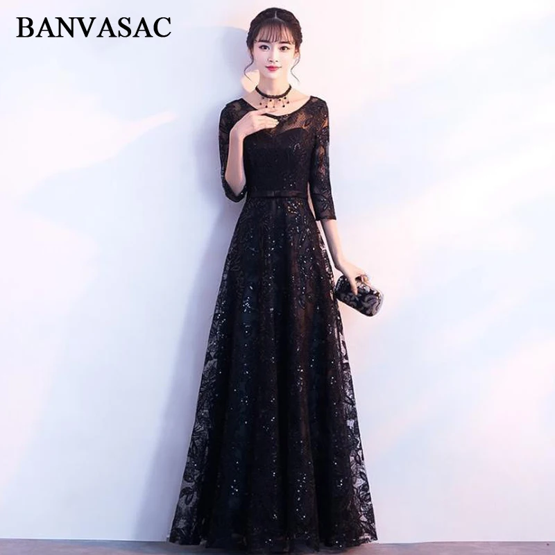 

BANVASAC Sequined O Neck Lace Appliques A Line Long Evening Dresses Party Bow Sash Illusion Zipper Backless Prom Gowns