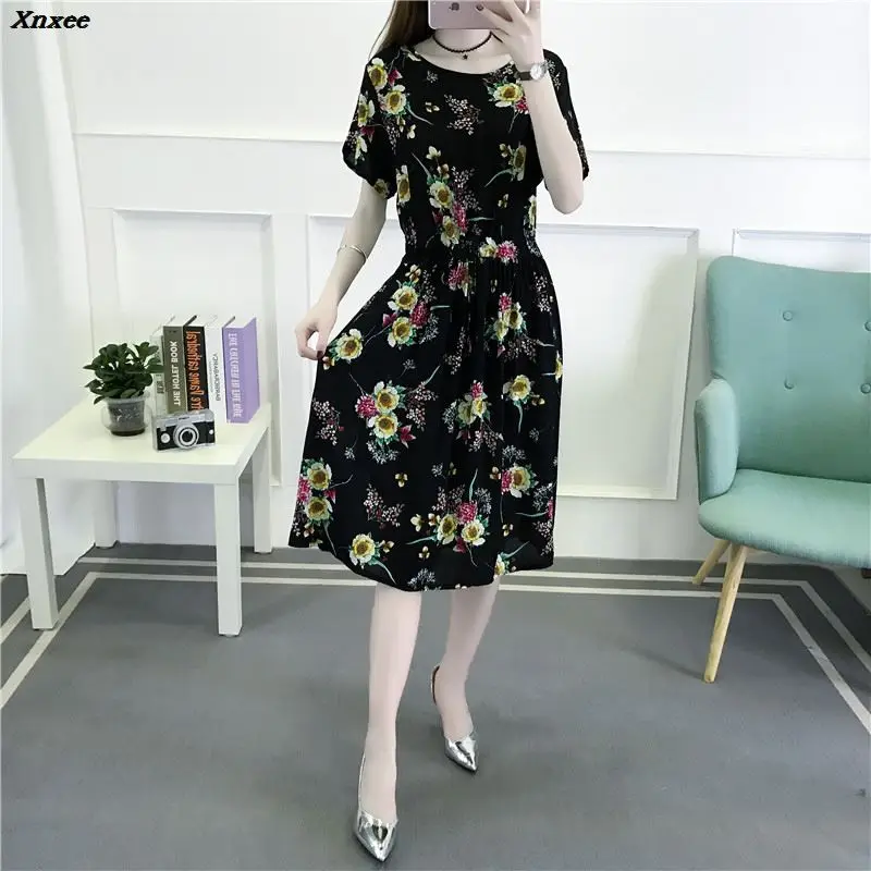 

New Fashion Casual O-Neck Short Sleeve Dress Elastic High Waist Summer Dresses Women Floral Printed Vintage Dress Vestidos Xnxee