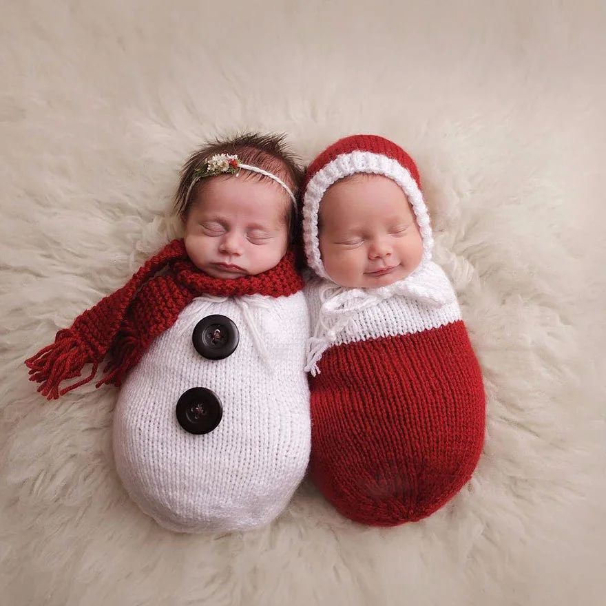 ❤️Newborn Photography Christmas Clothing Knit Sleeping Bag Hat Scarf  Twins Photo Costume Studio Baby Shoot Props Accessories