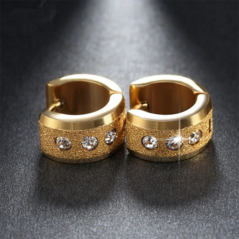 Unisex Jewelry Anti-Allergic Stainless Steel Buckle Earrings Tide Inlaid Crystal Single/Double Color Women Ear Jewelry