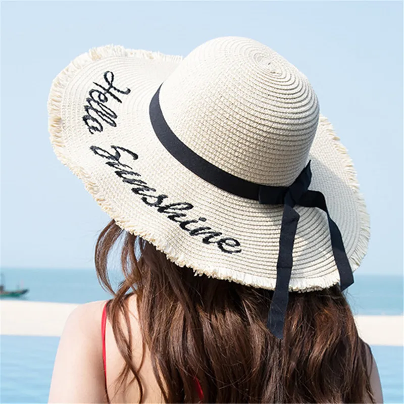 Hot Sale Fashion Hepburn Wind Bowknot Summer embroidery girls Sun Hat Beautiful Women Raffia Straw Beach Hat Large Brimmed Hat