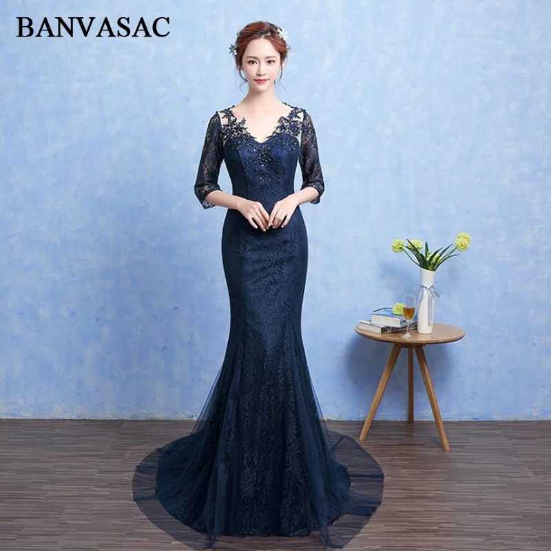 BANVASAC-Vestidos de Noche largos de sirena con cuello de pico profundo, ropa de noche de sirena, ilusión, sin espalda, tren de barrido, trajes de Graduación