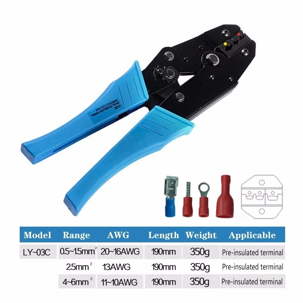 Ly-03c 0.5-1.5 1.5-2.5 4.0-6.0mm 20-10awg Mini Crimp Pliers Multi Hand Tools Insulation Ring&spade Terminals Crimping 9 Inch